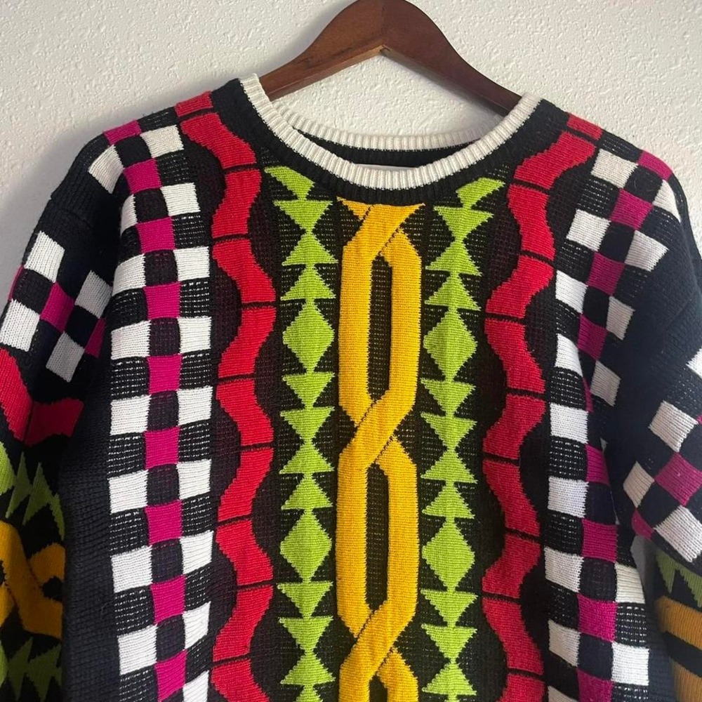 Vintage 80s / 90s Retro Maximal Geometric Chunky Sweater - Picture 2 of 6